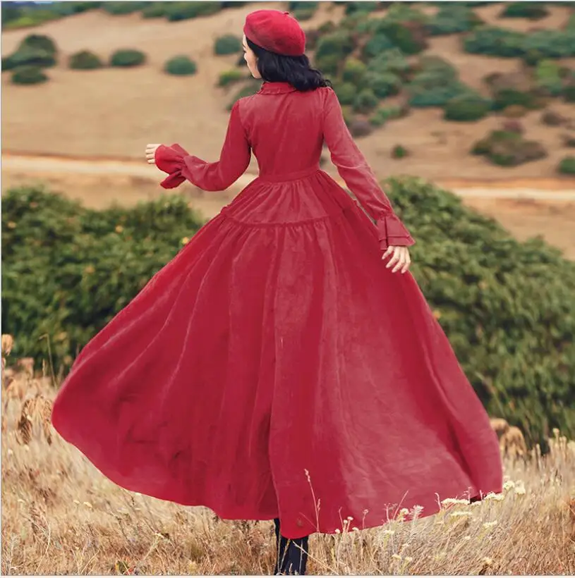 

vintage autumn winter red long dress new retro corduroy high waist Slim literary big swing long female long sleeve casual dress