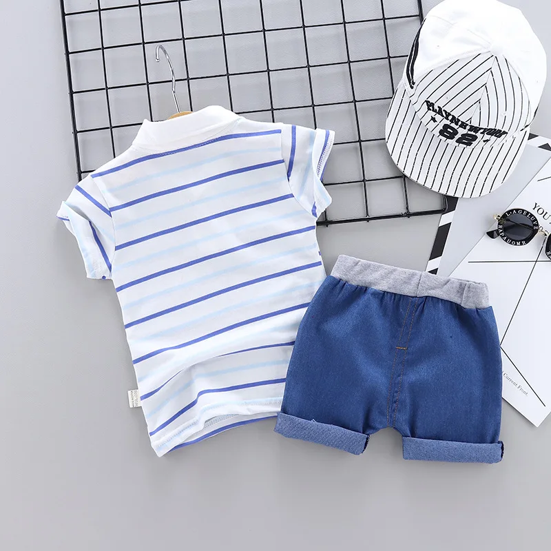 2019 Summer Boy Sets Children's clothes kids Striped Lapel Short Sleeve T-Shirt + Shorts 2 pieces Children Set | Детская одежда и