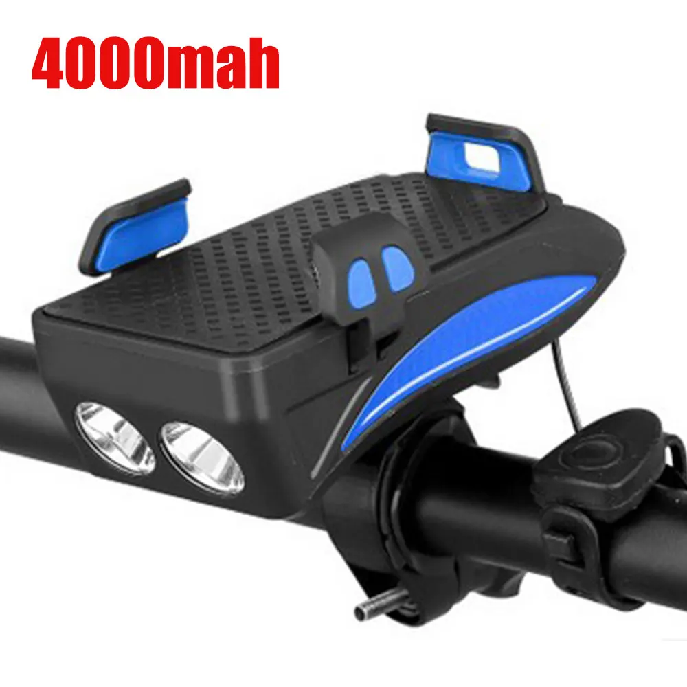 4000mah blue 5 функций, 3 режима, велосипедный светильник, велосипедный держатель для телефона, внешний аккумулятор, велосипедный головной светильник, USB Перезаряжаемый велосипедный передний фонарь с колокольчиком - Цвет: 4000mah blue