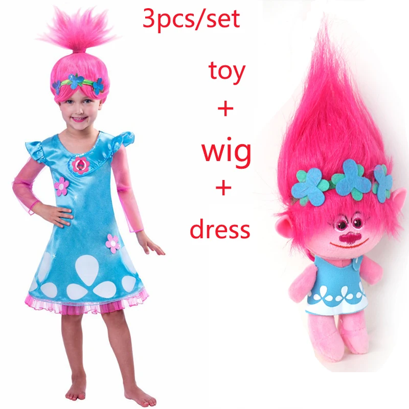 2018 New Carnival Costume Trolls Dress Wig toy For Kids Poppy Lace Baby Girls Moana clothes Children Vaiana Party Vestido | Детская