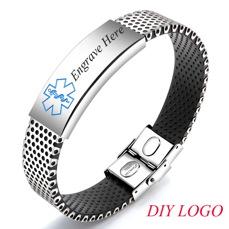 diy logo blue AZIZ BEKKAOUI гравировальный медицинский алерт идентификационный браслет для мужчин и женщин силиконовый браслет из нержавеющей стали аварийный напоминание ювелирные изделия - Окраска металла: diy logo blue