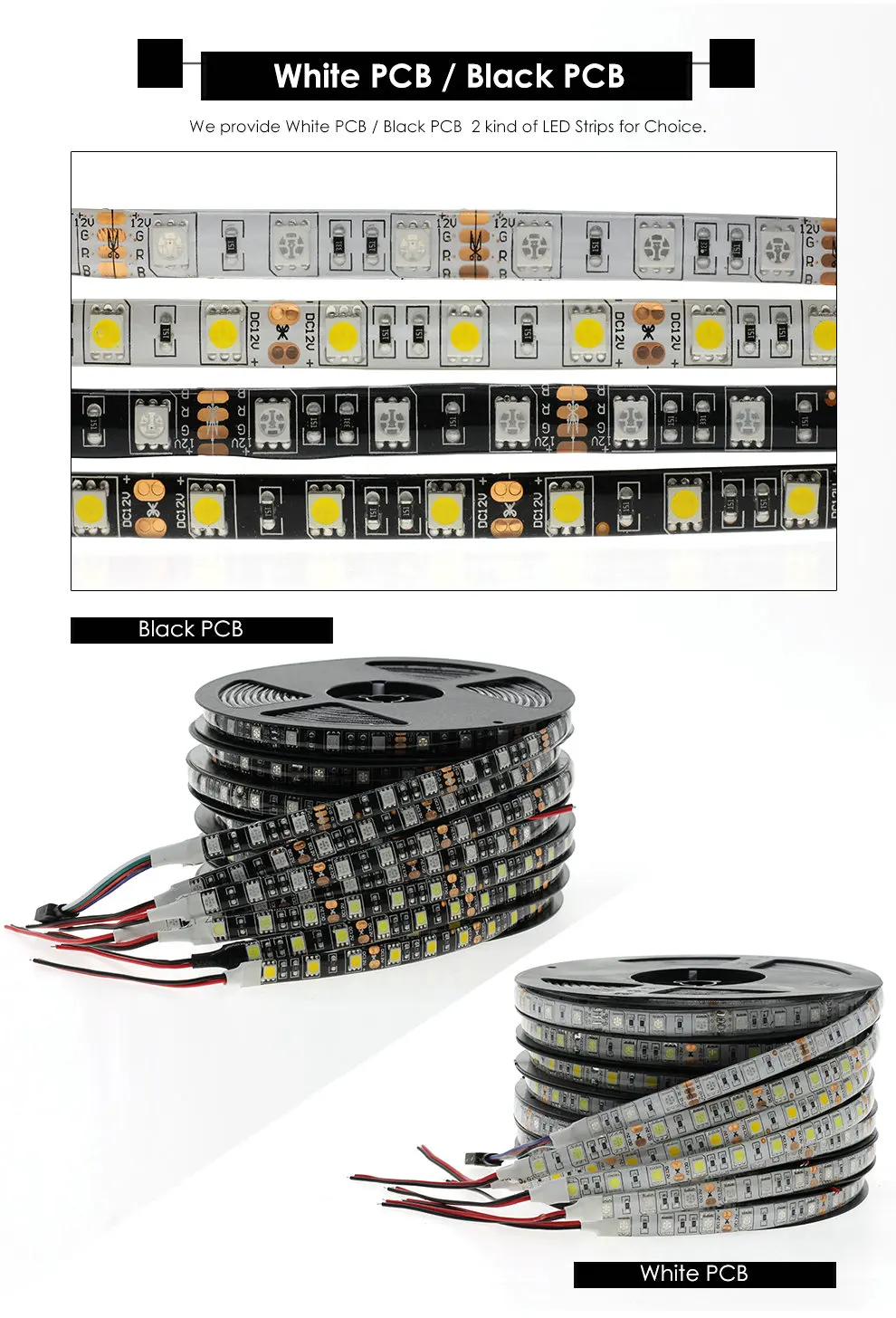 Черная Светодиодная лента PCB 5050 12 В постоянного тока без водонепроницаемости/водонепроницаемости 60 светодиодный/m RGB/белый/теплый белый гибкий светодиодный светильник