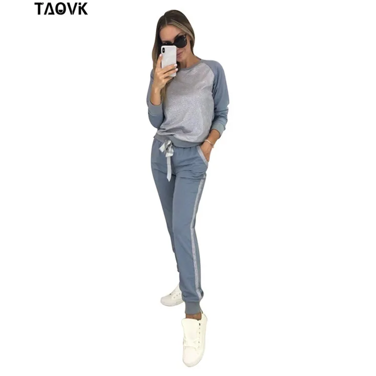 Блестящие лоскутные хлопковые костюмы TAOVK, спортивные костюмы светло-голубого цвета, комплекты из пуловера и брюк, одежда для весны и осени