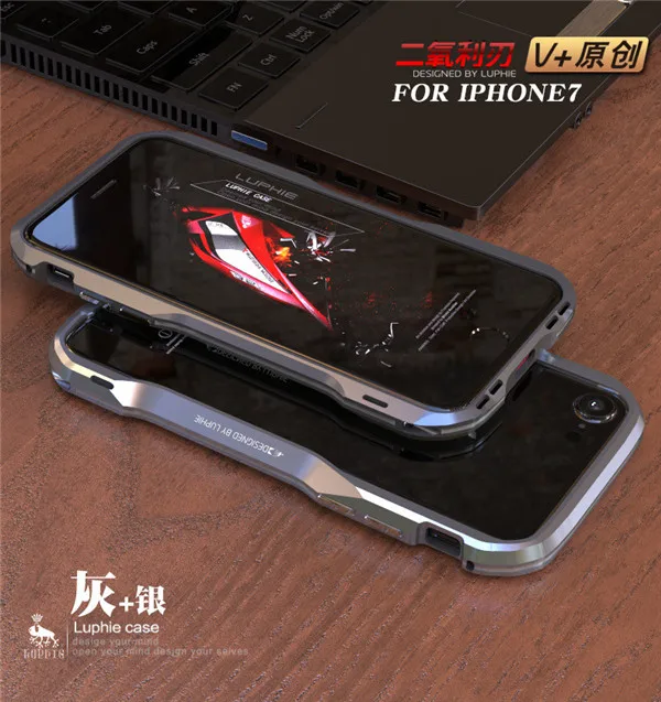 Luphie биколор для iphone 7 7 Plus роскошный бампер чехол Алюминиевый металлический призматическая форма рамка металлическая кнопка чехол для iphone 7 крышка - Цвет: Gray silver