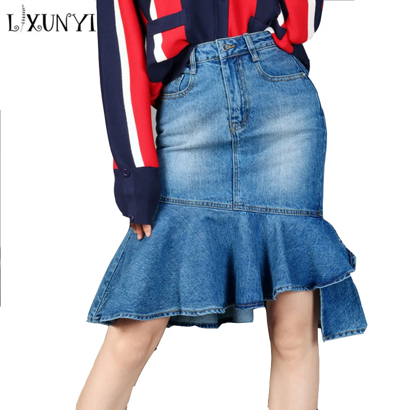 Корейский стиль Женская джинсовая юбка рыбий хвост тонкий пакет Skrits Ковбойская