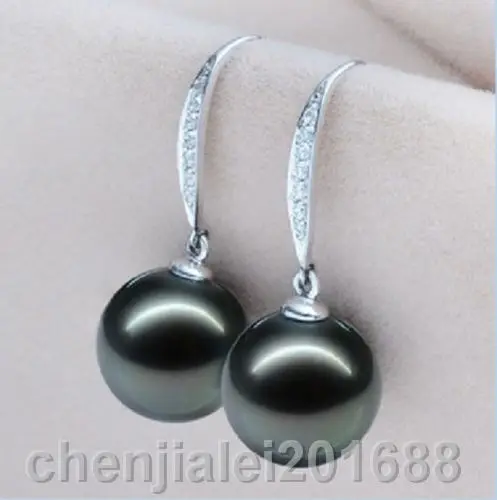 

Hot selling> PEARL EARRING 10-11MM NATURAL TAHITIAN GENUINE SHELL BLACK PERFECT ROUND