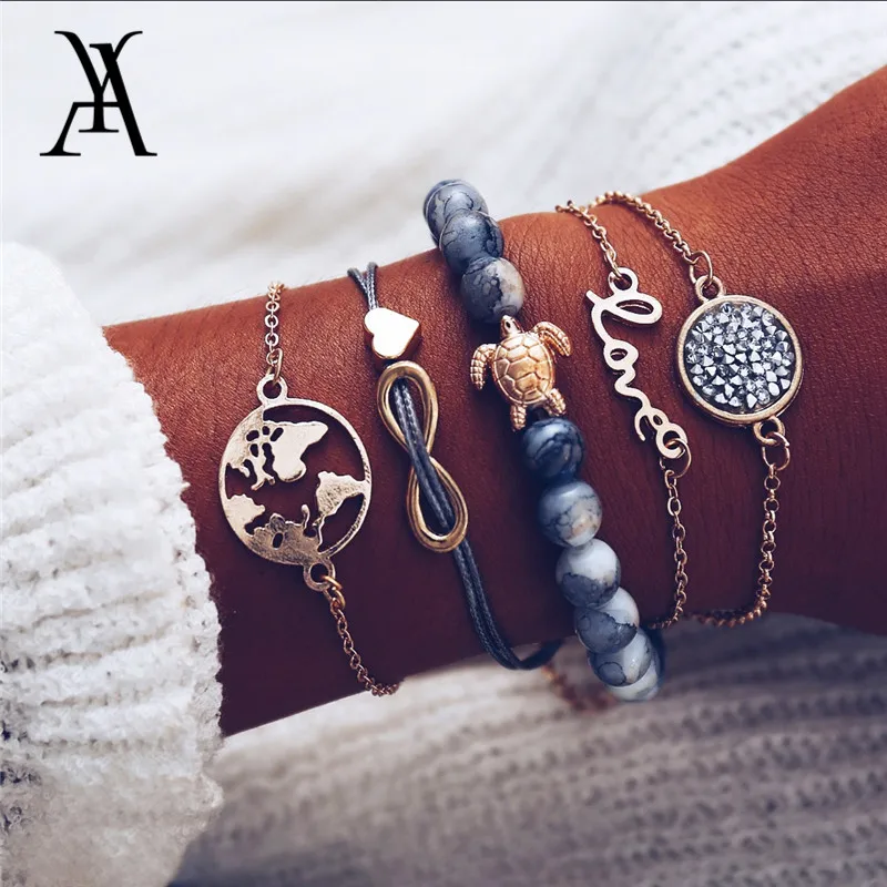 Boho Многослойные любовь карта мира Земли Infinity черепаха Шарм браслет браслеты с