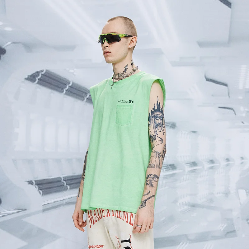 2019 Fashion Brand Street Retro Simple pocket shoulder sleeveless vest Men's summer hip-hop Loose Bottom Shirt Stage Costumes | Мужская