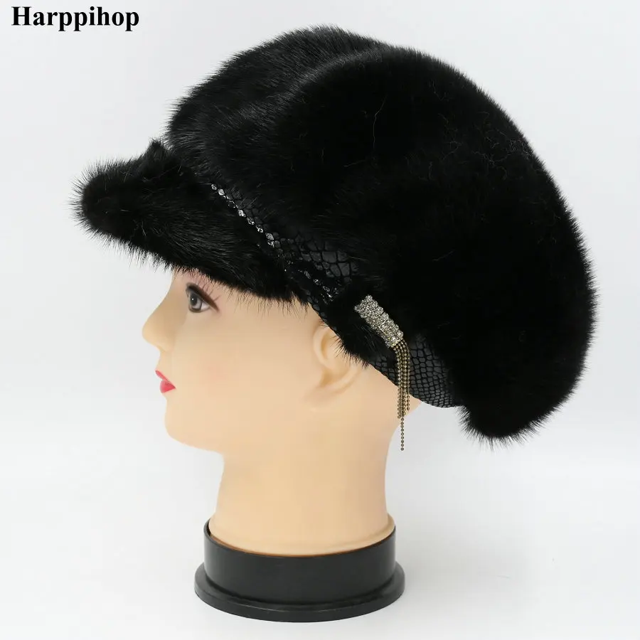 black Натуральная норковая меховая шапка для женщин Зимняя импортная вся норковая шапка цветочный узор русский высококлассный роскошный Женская шапка - Цвет: black