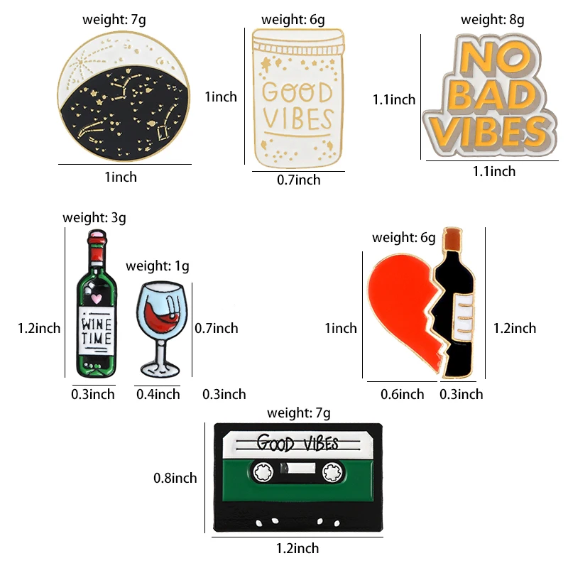 Moon Night Dating Enamel Pins GOOD VIBE Wine Music Badges Custom Brooches Bag Clothes Lapel Black Jewelry Gift for Lovers
