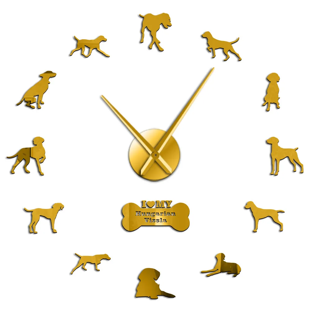 Hungarian Pointer Vizsla Dog DIY Wall Clok With Different Postures Wall Art Stickers Magyar Vizsla Large Frameless Modern Watch - Цвет: Gold