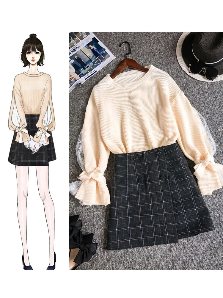 ICHOIX Sweet plaid 2 piece skirt set girl Korean style tops and skirt set S-XL two piece outfits winter women 2 piece set