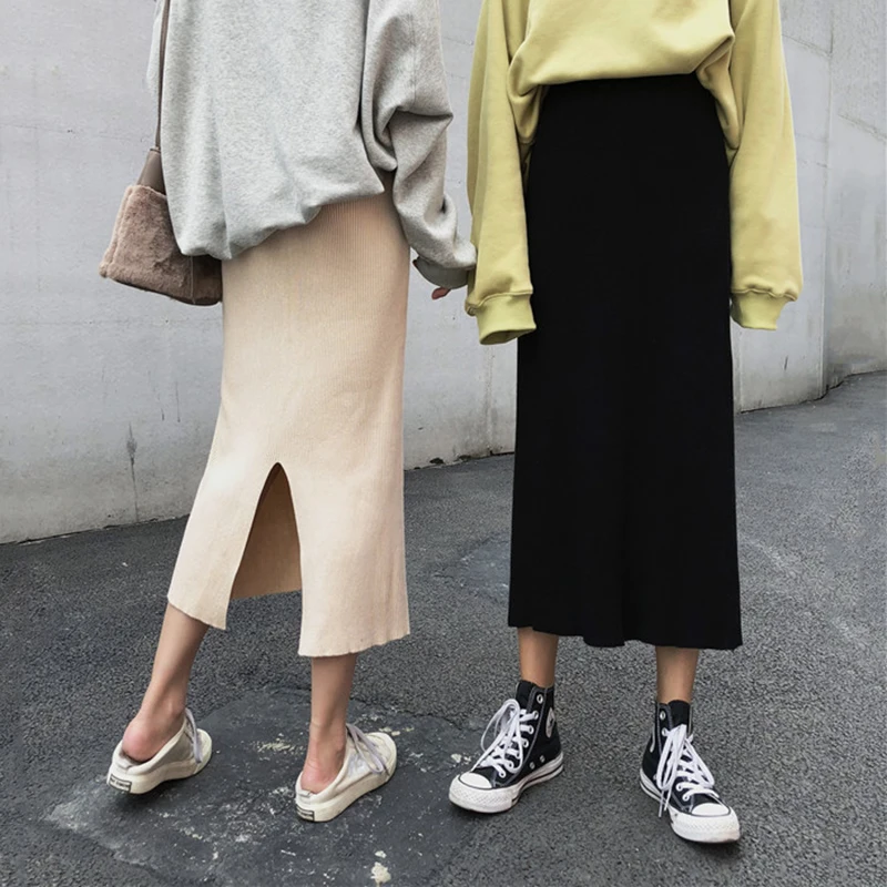 Harajuku уличная трикотажная юбка осень зима Корейская мода универсальная Сплит миди Faldas Mujer однотонные черные юбки женские
