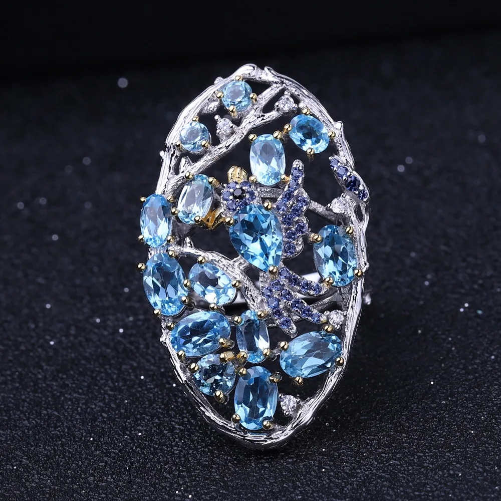 GEM'S балетное 925 пробы Серебряное кольцо ручной работы с лесными птицами для женщин Свадебное Кольцо 6.12Ct натуральный Швейцарский Голубой Топаз кольцо хорошее ювелирное изделие