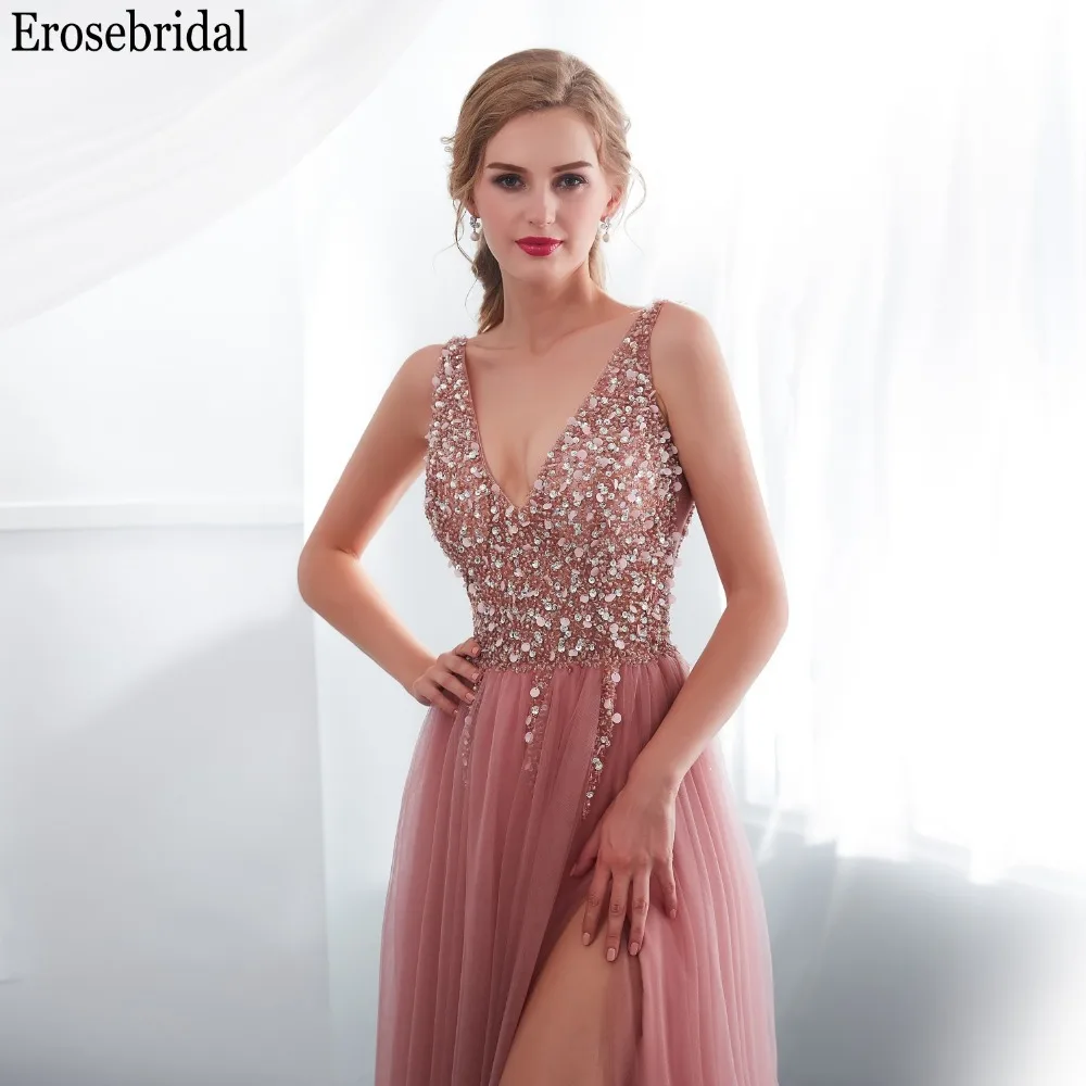 Erosrbridal, длинное платье для выпускного вечера,, спереди, с разрезом, А-линия, женские вечерние платья, глубокий v-образный вырез, с бисером, лиф, со шлейфом, на шнуровке, сзади