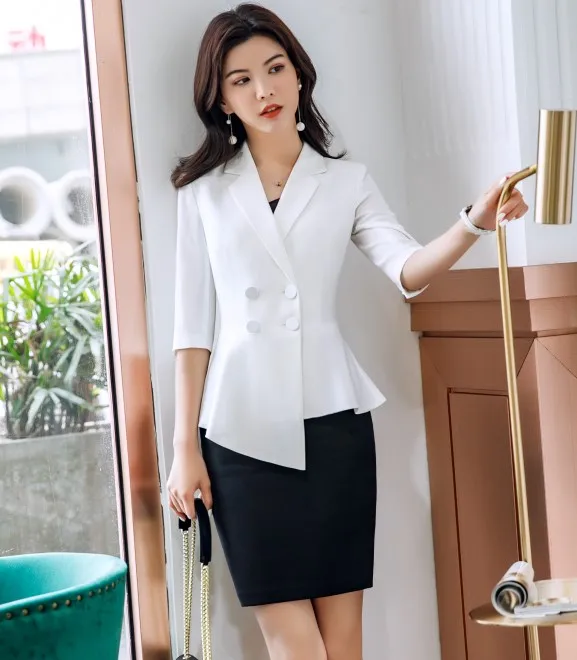 White coat and skirt Профессиональный Модный женский юбочный костюм деловой формальный блейзер с короткими рукавами и Офисная Женская юбка для интервью Рабочая одежда - Цвет: White coat and skirt