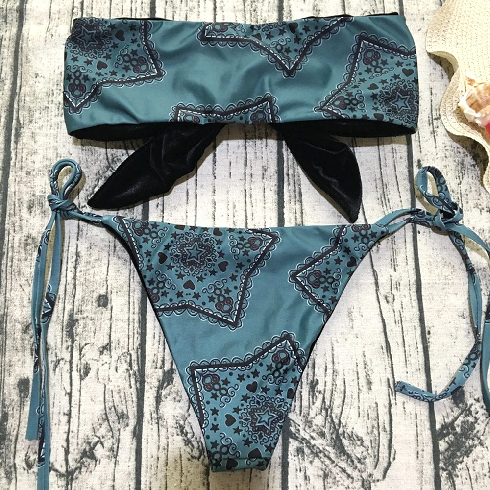 Sexy Bandeau Swimsuit Women Knots on the Chest Bikini Set for Girl Swimming Suit 2018 Print Bathing Separate New Swimwear |