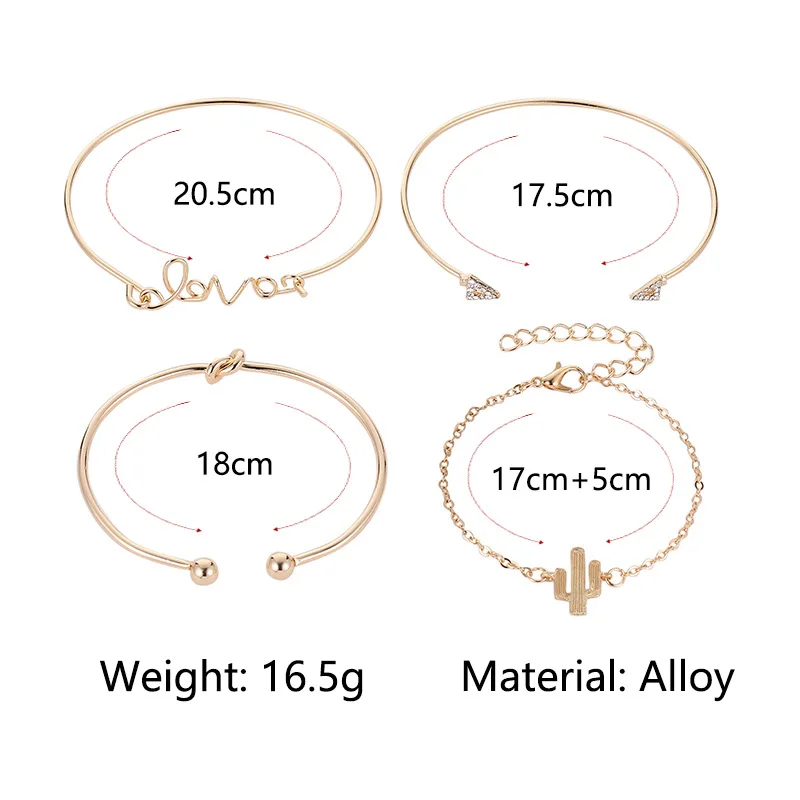 

LEADERBEADS Women's Gold Love Letter Knot Cactus Crystal Triangle 4pcs/set Bracelet Set Charm Open Cuff Bangle Jewelry Gift