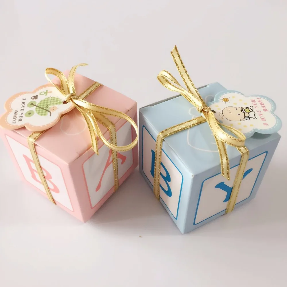 50pcs/pack DIY Pink Blue Lovely Shower Baby Candy Box Letter BABY Printed Gift Golden Ribbon Card for Kids Party Christmas|cards kids|card cardcard