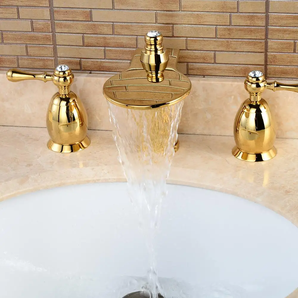 

Luxury Gold Bathroom Sink Faucet Widespread Deck Mounted Waterfall Crystal Handle Hot and Cold Water Mixer Tap MLFCT009