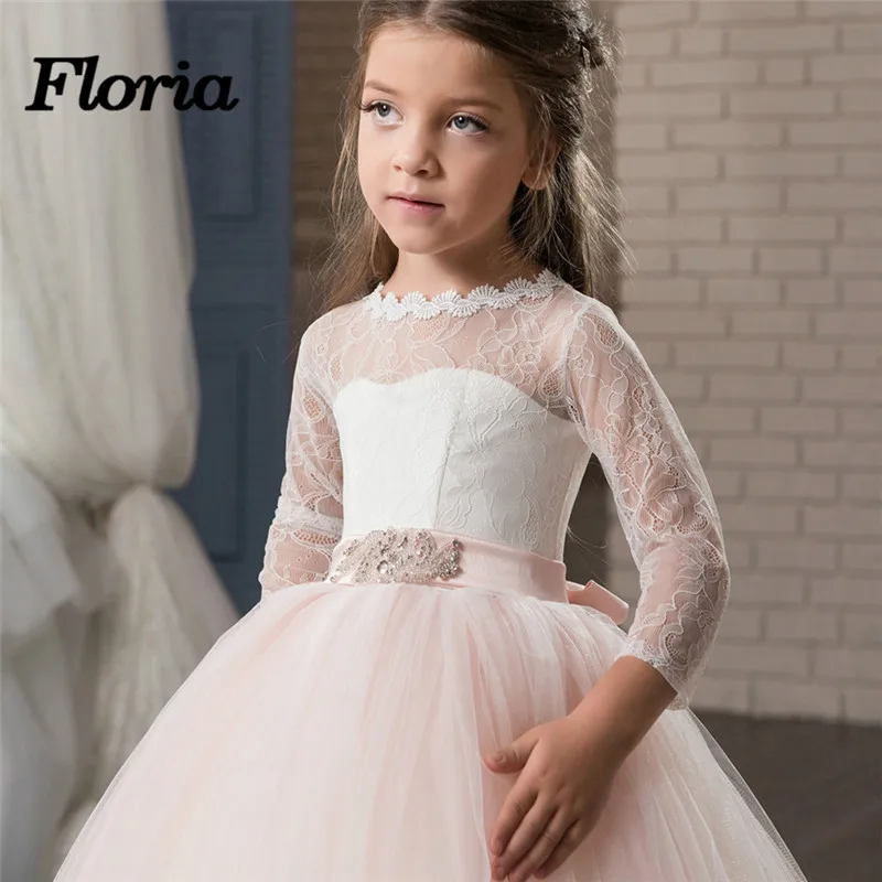 Нарядное бальное платье платья для первого причастия Vestido Longo/Платья с цветочным узором для девочек, длинный рукав розовый, Детские пышные платья для девочек