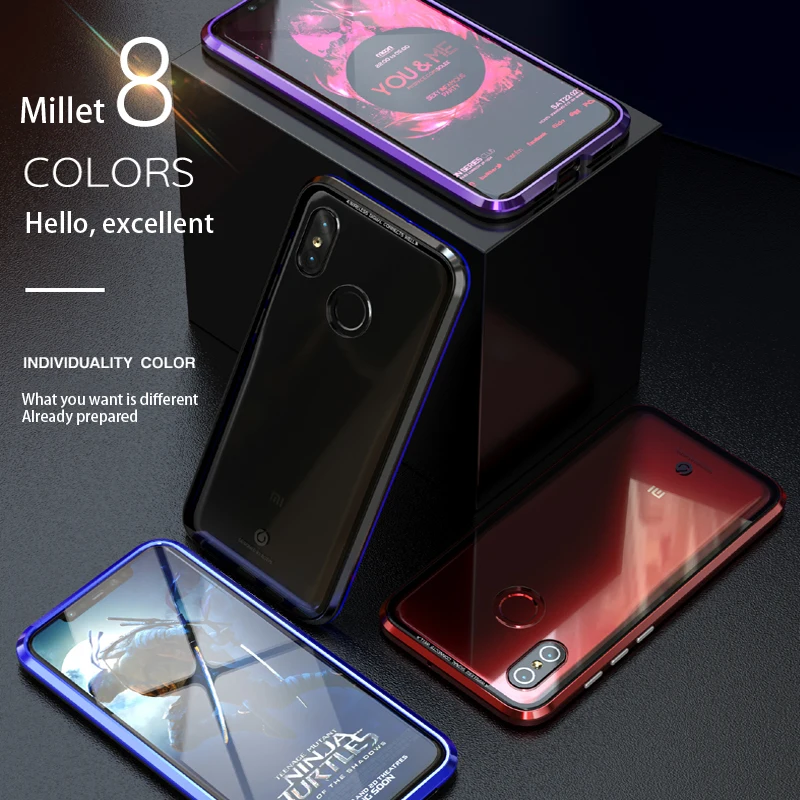 Магнитный адсорбционный чехол для Xiaomi Mi8 прозрачное закаленное стекло +