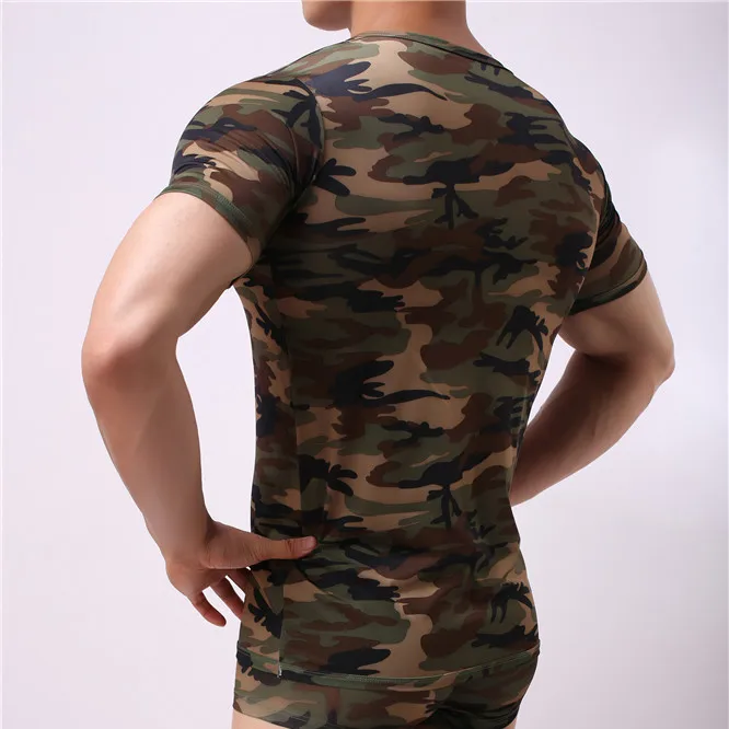 Sexy Men's Undershirt Milk Silky Printed Camouflage Short-sleeved Leotard Jumpsuit Wrestling Undershirt Pajamas Underwear