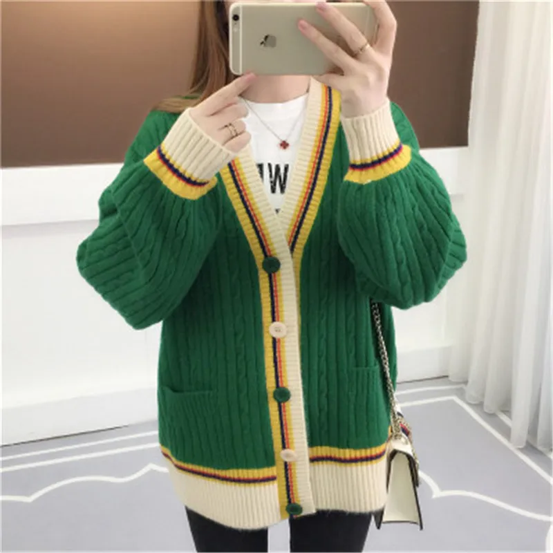 2019 Women Long Sleeve Knitted Sweater Cardigan Autumn Winter Ladies korean Fashion V-neck Causal Loose Plus Size Knitting Coat |