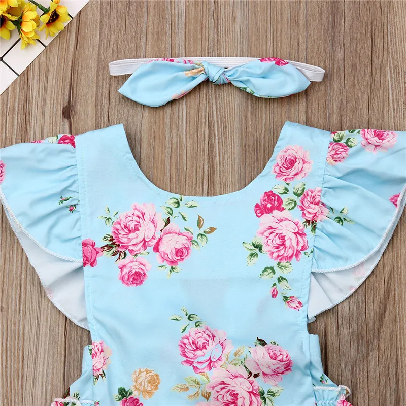 

Newborn Baby Girl Summer free shipping clothes bow Geometry Headband backless Ruffle round neck Flower print Bodysuit 2pc Outfit