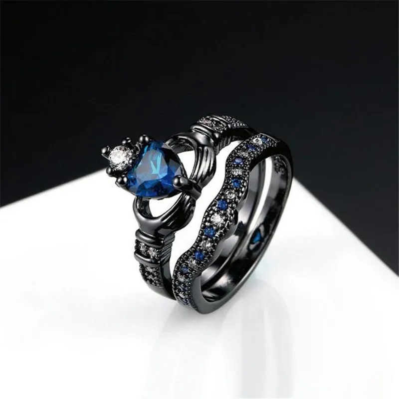 Women Пара колец свадебный набор его ее черный Claddagh кольцо Стразы в форме сердца укладки кольцо из нержавеющей стали обручальное кольцо - Цвет основного камня: Women