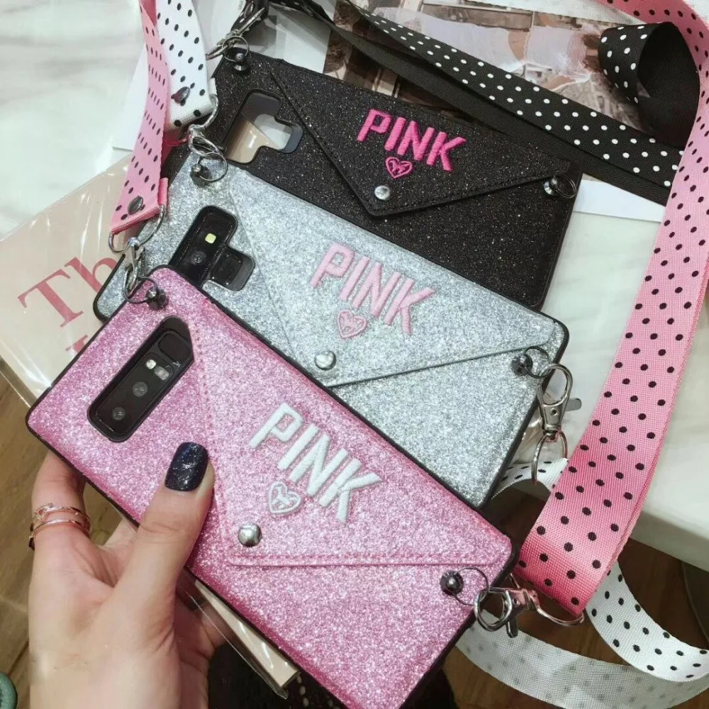 Luxury PINK Glitter Embroidery Leather Lanyard Fashion Brand Case for iPhone XR XS MAX 7 8 6 s Plus X samsung note8 9 secret |