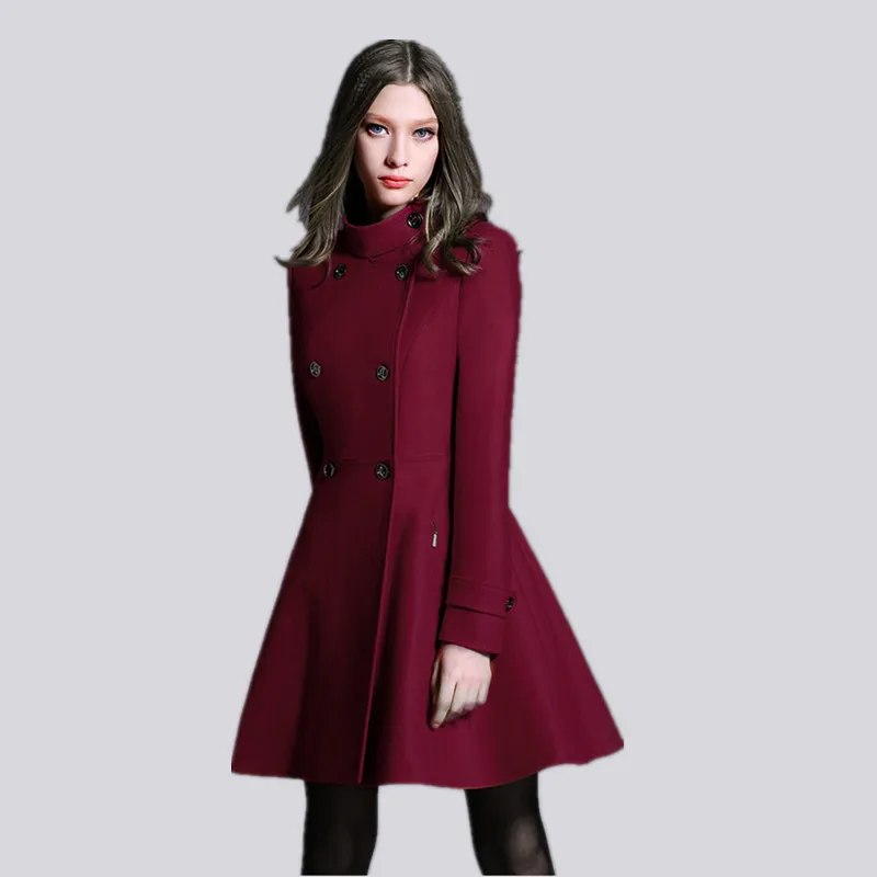 Wine red Женское шерстяное пальто зима большой размер двубортная кашемировая куртка средней длины тонкая черная Женская шерстяная Верхняя одежда DD0818 - Цвет: Wine red