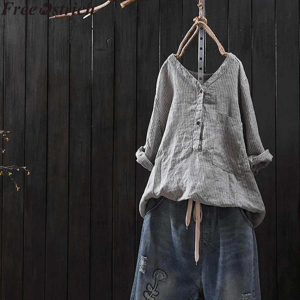 Женская хлопковая льняная рубашка с длинным рукавом Летняя Повседневная Блузка