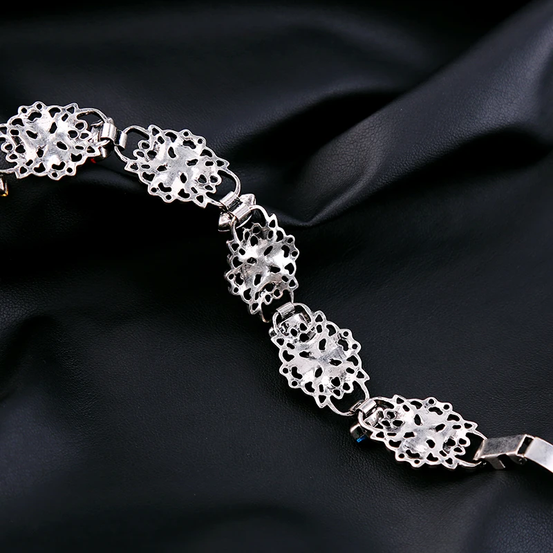 Antique Silver Color Ethnic Jewelry Flower Chain Bracelet Colorful Crystal Statement Vintage For Princess | Украшения и