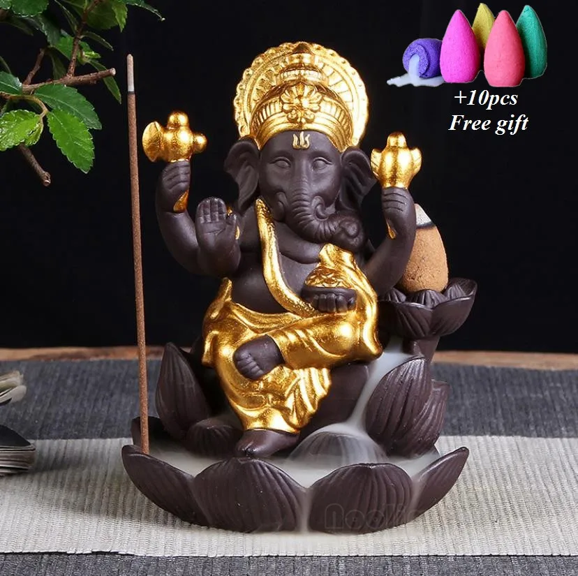 Слон Бог Ganesha курильница с обратным потоком фиолетовая глина буддийский домашний