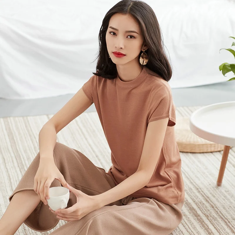 Для женщин тонкие волокна Knit Linen Футболка короткий рукав трикотажный пуловер