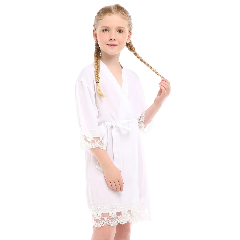 White Robe Милый хлопковый кружевной халат для девочек из искусственного шелка для свадебной вечеринки, одежда для сна с цветочным узором для девочек летний халат в стиле кимоно, Детская Пижама - Цвет: White Robe