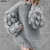 lazy handmade knitted pullover 3d flower hook sweater coarse wool women half turtleneck rough wool 3d yarn balls lantern sleeved