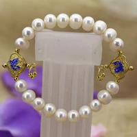 natural 9 10mm white pearl beads nearround strand beaded bracelet for women gold color cloisonne hot sale jewelry 7 5inch b3099