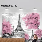 Фон для студийной фотосъемки с изображением Эйфелевой башни розовых цветов деревьев Парижа