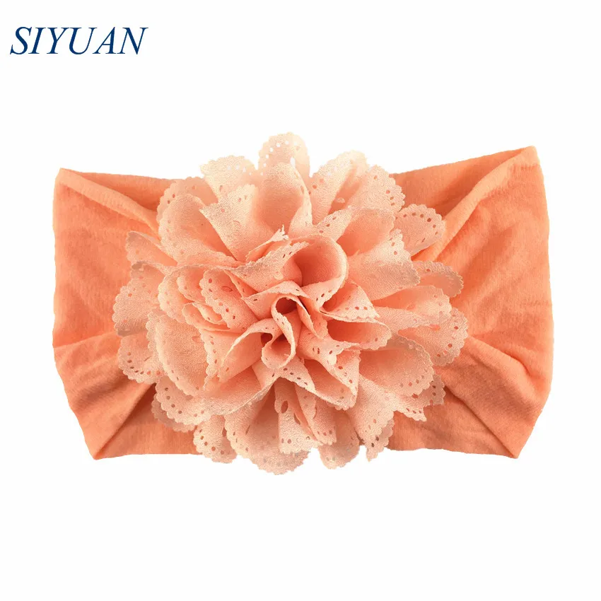 20pcs/lot You Pick Color Wide Nylon Elastic Headband with 3'' Eyelet Chiffon Fabric Flower DIY Hair Accessories For Party HB082 |