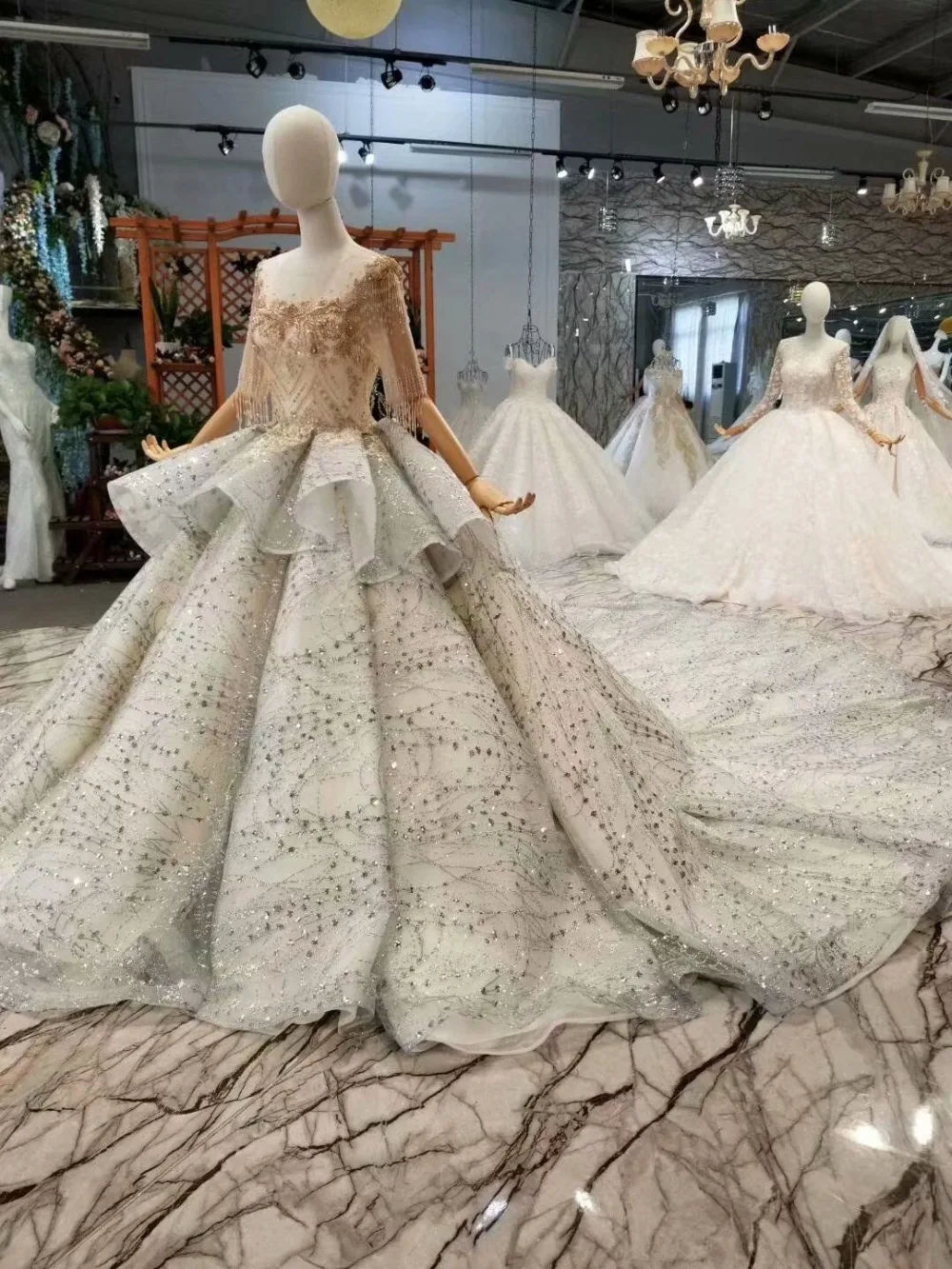 H&S BRIDAL Silver wedding dress ball gown bride dresses gold sequins half sleeves luxury wedding dresses vestido de novia