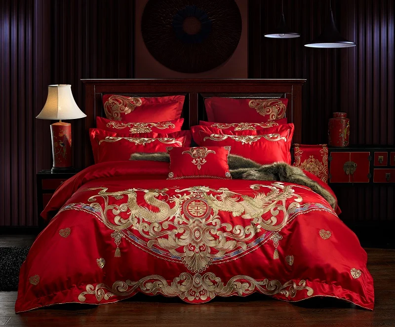 Роскошный свадебный стиль Золотой Лоонг Феникс Вышивка Комплект постельного