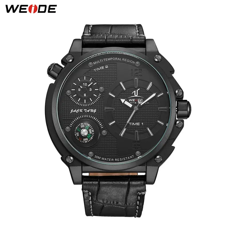 WEIDE спортивные роскошные часы с несколькими часовыми поясами, кварцевые мужские наручные часы с коричневым кожаным ремешком, мужские часы, мужские часы orologi uomo - Цвет: black
