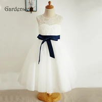 Gardenwed Tea Length Ivory Lace Flower Girl Dresses Navy Sashes Little Girls Kids Dress for Wedding Pageant Gowns