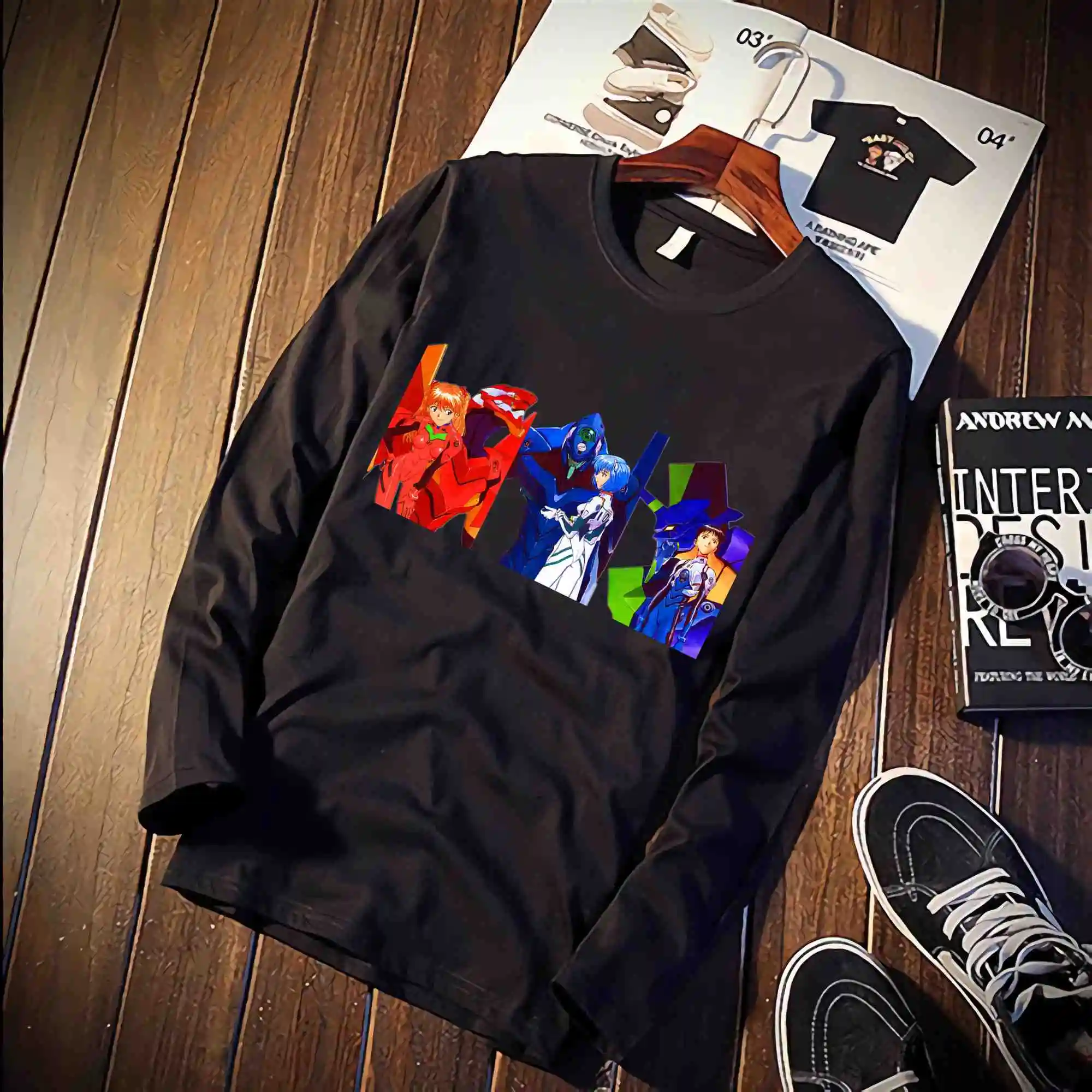 Футболка из чистого хлопка с принтом Evangelion, модные повседневные Топы И Футболки с длинными рукавами, брендовая одежда унисекс - Цвет: 8
