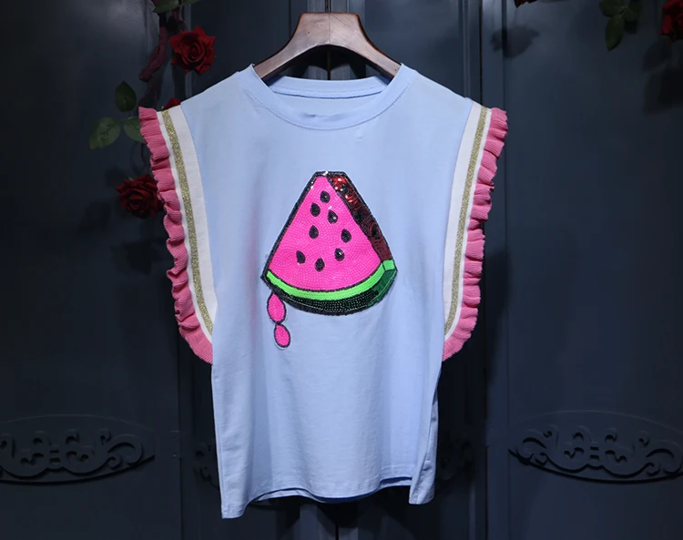Amolapha Women Sequined Watermelon Butterfly Sleeve Tshirts Tees Woman Ruffles Patchwork Jumper Tops Clothing | Женская одежда