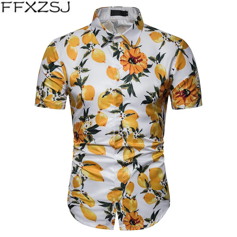 

2019 New Summer Mens Shirts Casual Slim Fit Beach Floral Hawaiian Shirt Lemon Pattern Printed Chemise Homme Manche Court M-XXXL