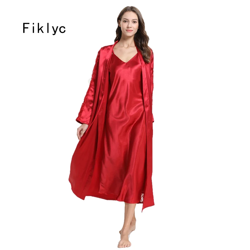 Женское белье с длинным рукавом Fiklyc длинное сатиновое ночное из двух предметов |