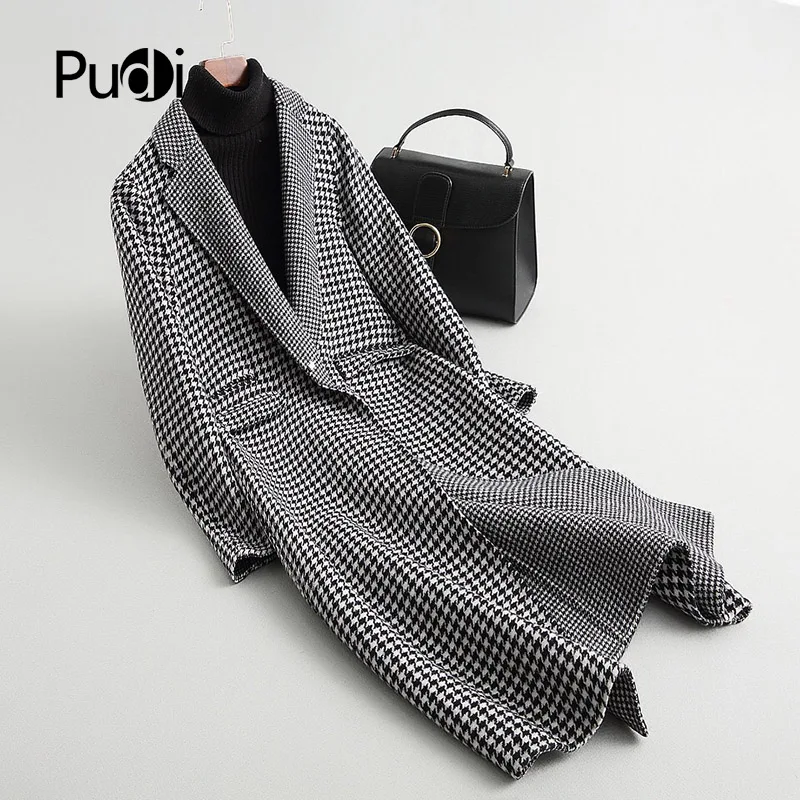 PUDI A37110 Женская Осенняя/зимняя новая модная шерстяная клетчатая куртка дамское длинное стильное шерстяное пальто для отдыха